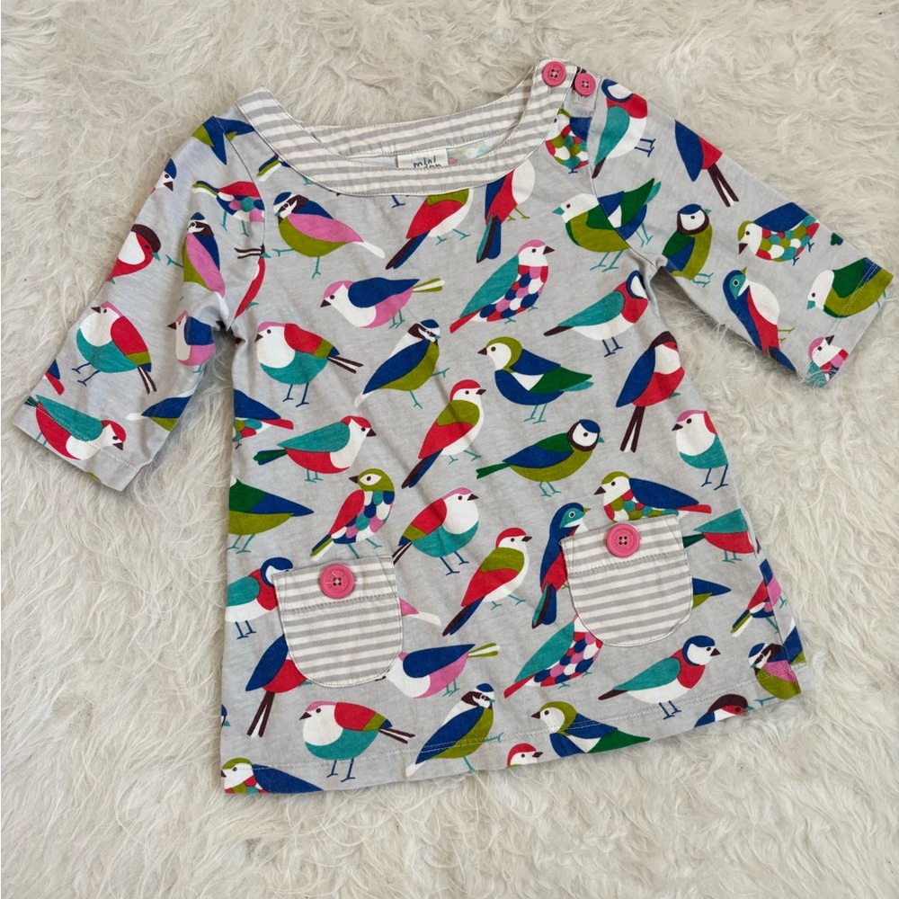 Mini Boden Gray 3/4 Sleeve Tunic Top with Bright Multicolor Spring Bird Print